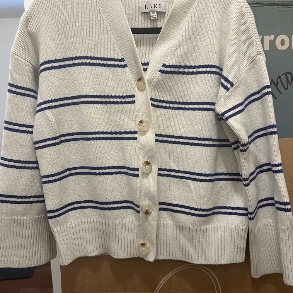 LAKE Cream Blue-Striped V-Neck Button Cardigan